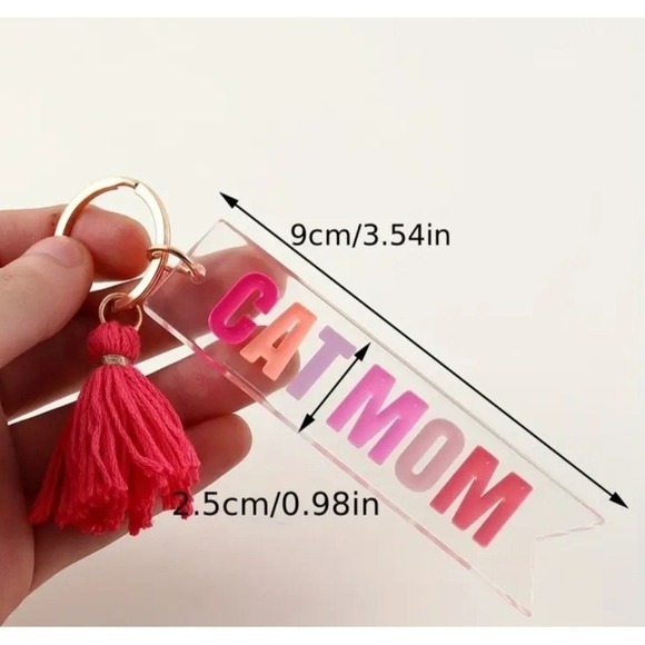 Cat Mom Acrylic Keychain Pink Tassel Gold Tone Hardware Keyring Pet Lover Pink - Picture 3 of 5